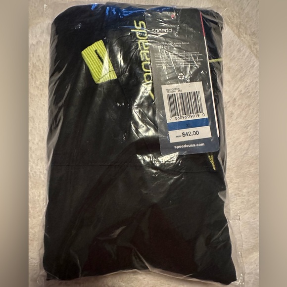 NWT New Speedo Men's Swim Trunk Knee Length Marina Volley, Black/Green, X-Large